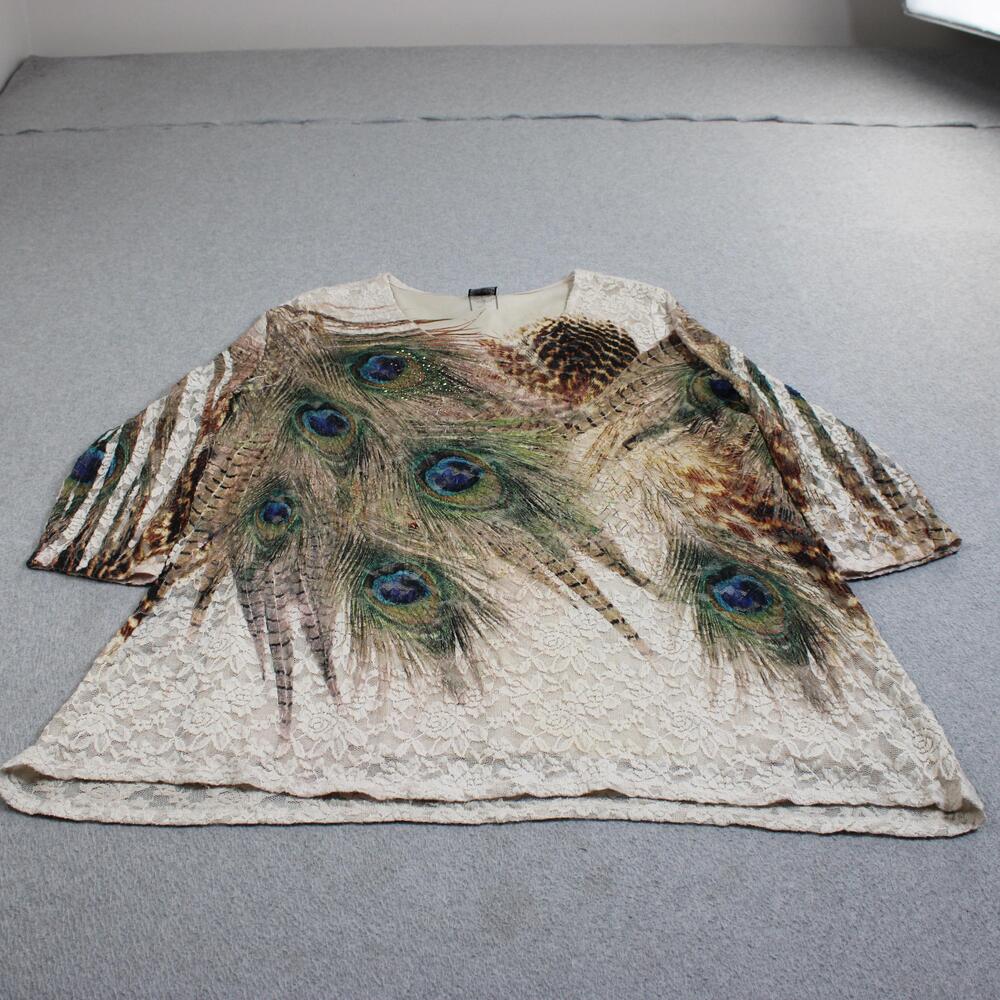 Vintage Cal Style Shirt Women XL Tan Peacock Lace 3/4 Sleeve Boho Lagenlook USA